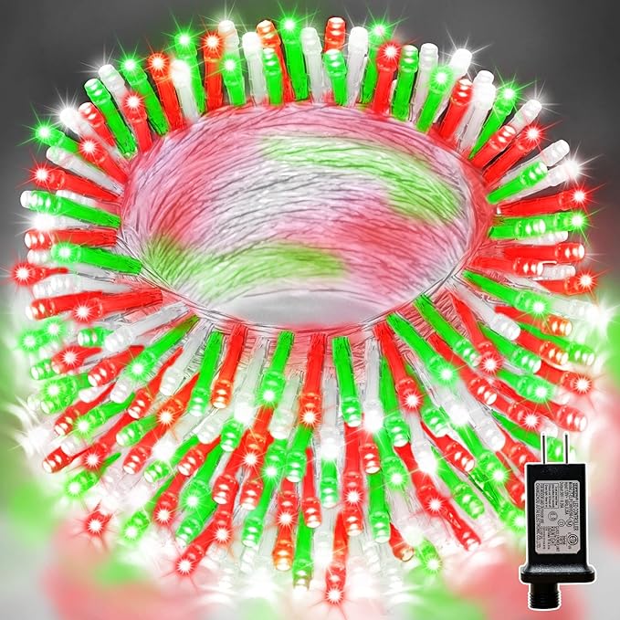 LAMPHOME 66ft Christmas Decorative Mini Lights, 200 LED Transparent Wire Fairy Starry String Lights Plug in, 16 Lighting Modes for Outdoor Xmas Tree Wedding Party Decoration (Red Green White)