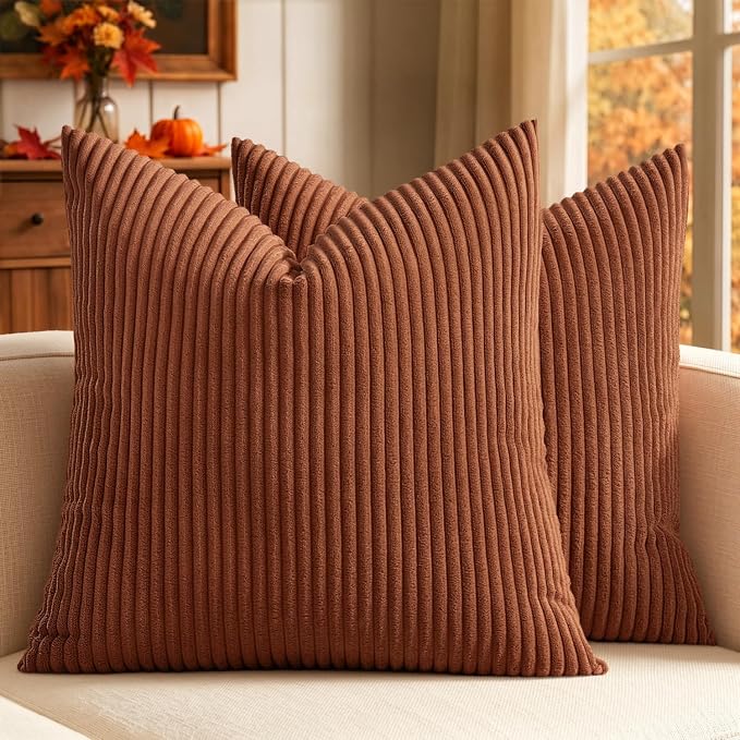 MIULEE Fall Euro Corduroy Throw Pillow Covers Set of 2 24x24 Dark Rust | Decorative Striped Textured Cushion Cases, Boho Rustic Square Pillowcases, Home Decor for Couch Chair Sofa Bed Living Room