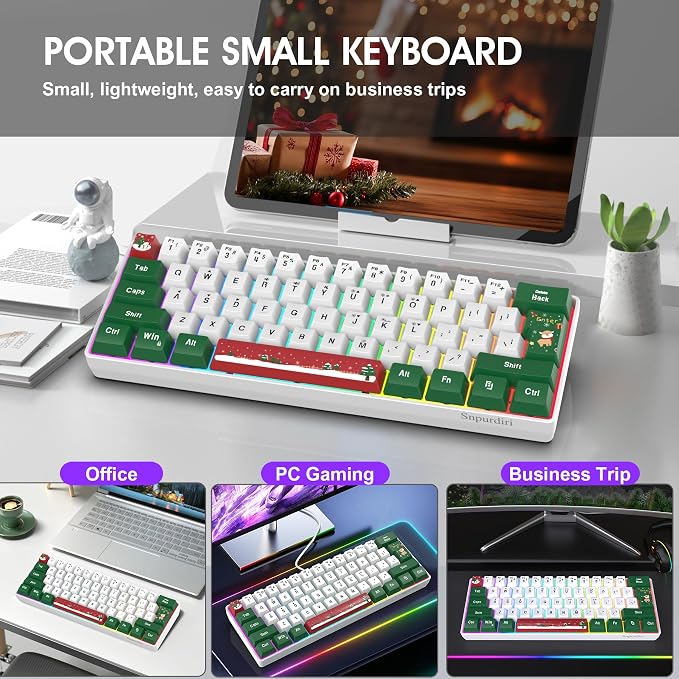 Snpurdiri 60% Wired Gaming Keyboard, RGB 61-Key (Red Green White) | Backlit Small Ultra-Compact 60 Percent Gaming Keyboard for PC/Mac Gamer, Typist, Travel, Easy to Carry on Business Trip