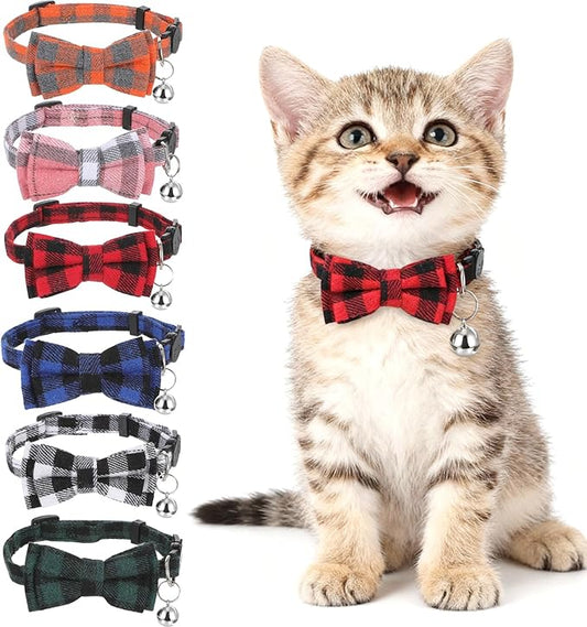 6Pcs Cats Bowtie Collar with Bell, Breakaway Cats Collars, Classic Plaid Kitten Cat Collars Adjustable Cat Bowtie Collar with Pendants for Quick Release for Small Pet