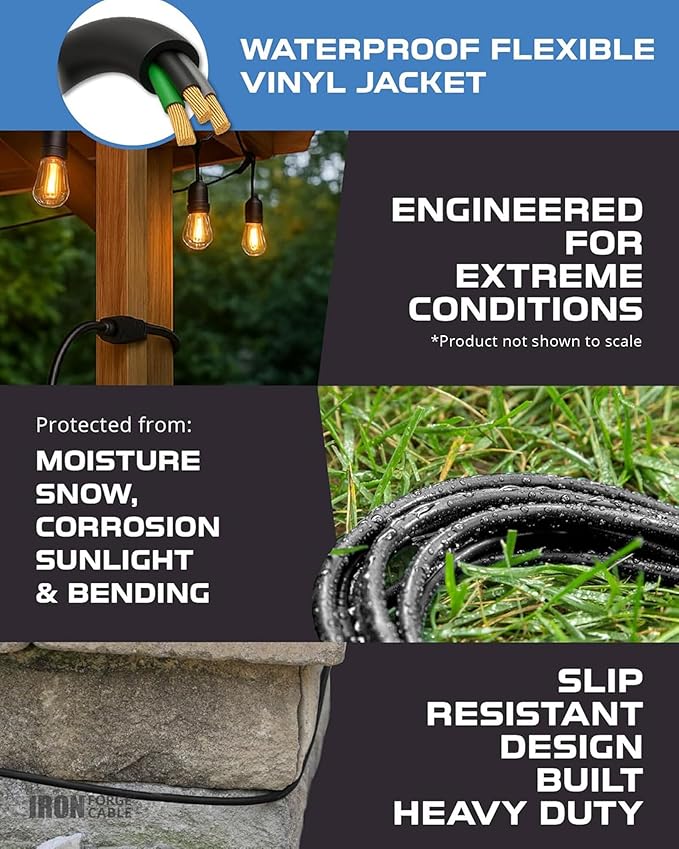 Iron Forge Cable 8 Ft Black Extension Cord with 3 Outlets - 16/3 SJTW 8 Foot Extension Cord 3 Prong, Weatherproof Exterior Power Cable for Outdoor