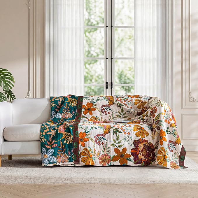 LUTBM Boho Throw Blanket for Bed 60"x80", 100% Cotton Cozy Couch Blankets | Reversible Floral Leave Jacquard, All-Season Twin Quilt, For Chair Sofa Living Room Decor, Lightweight Breathable, Home Decor