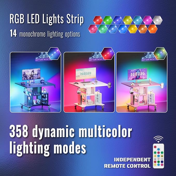 Pamray Small Gaming Desk Rolling Computer Table Balck | Movable, with Led Lights Power Outlets, with Storage Pegboard and Hook, Sturdy, Suitable for Study Gaming Bedroom Dorm