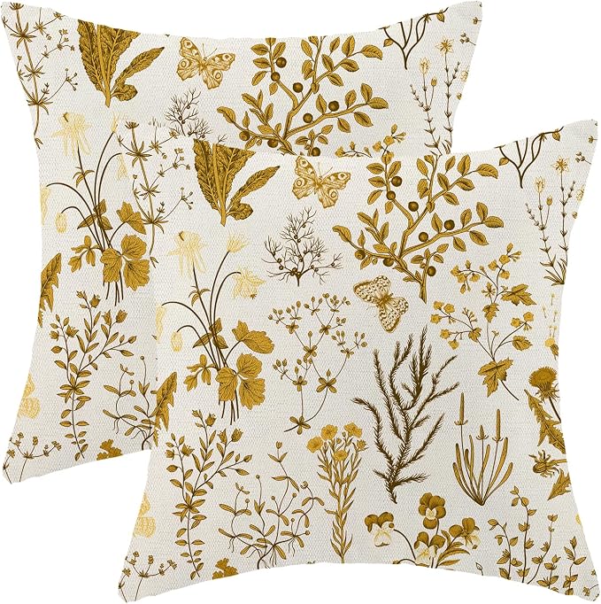 AEIOAE Summer Pillow Covers 24x24 Inch Set of 2,Mustard Yellow Wild Flower Plant Throw Pillows Case,Seasonal Floral Outdoor Decorative Square Linen Farmhouse Decor Cushion Covers for Home Couch