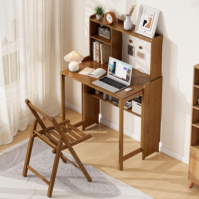 Folding Desk with Bookshelf, Compact Foldable Desk for Small Spaces,Brown | Bamboo Computer Desk with Storage Shelf, Space-Saving Home Office Desk with Hutch for Bedroom, Dorm, Apartment