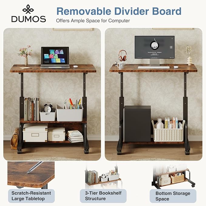 DUMOS Rolling Desk, Storage Shelves, Laptop Table, Home Office | Height Adjustable Design, Computer Desks on Wheels, Portable for Small Spaces Use, White