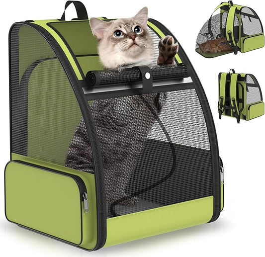 Cat Backpack Carrier for Travel Hiking: Expandable Foldable Breathable Mesh Soft Sided Ergonomic Design Small Dog Puppy Kitty up to 15lbs Camping Outdoor Green
