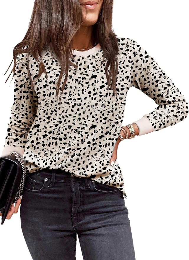 EVALESS Womens Crewneck Long Sleeve Tops Casual Polka Dots Tops Fall 2026 Tshirts Shirts