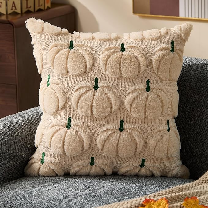 DFXSZ Fall Pillow Covers 20x20 2Pcs Beige Green Pumpkin Fall Decorations | Fall decor Set of 2 Throw Pillow Cases Soft Plush Faux Fur Wool Couch Cushion for Chair Sofa Bedroom Living Room Home Decor