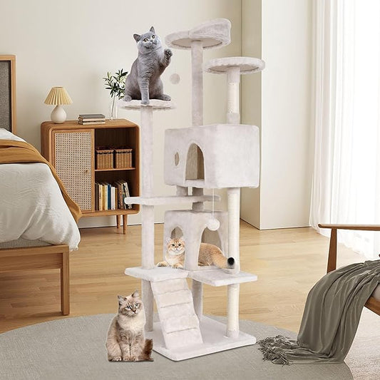 70 Inch Beige Cat Tree, Tall Cat Tower with 2 Condos, 3 Scratching Posts, Multi-Level Platforms - Sturdy Climbing Structure Tall Cat Tower for Indoor Cats