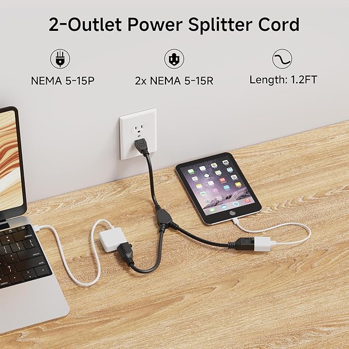Cable Matters 2-Pack 2 Outlet Power Splitter Cord - 1.2ft, NEMA 5-15P to NEMA 5-15R Y Power Cord Splitter, 16 AWG Outlet Saver, 1.2 Feet