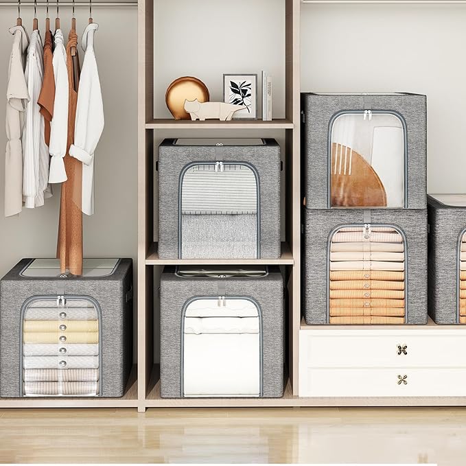 GoMaihe Clothes Storage Bin with Metal Frame: 4-Pack Stackable Closet Storage Bin with Lid & Clear Window, Sweater Boxes Storage for Closet Clothing Bedding Storage Organizer 40L