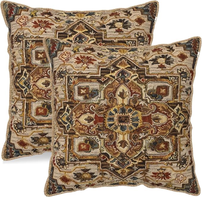 KSLIDS Boho Brown Soft Velvet Throw Pillow Covers Set of 2 Vintage Bohemian Rug Carpet Decorative Pillow Covers 20x20 Inch Antique Ethnic Pillow Case for Sofa Couch Living Room Home Decor