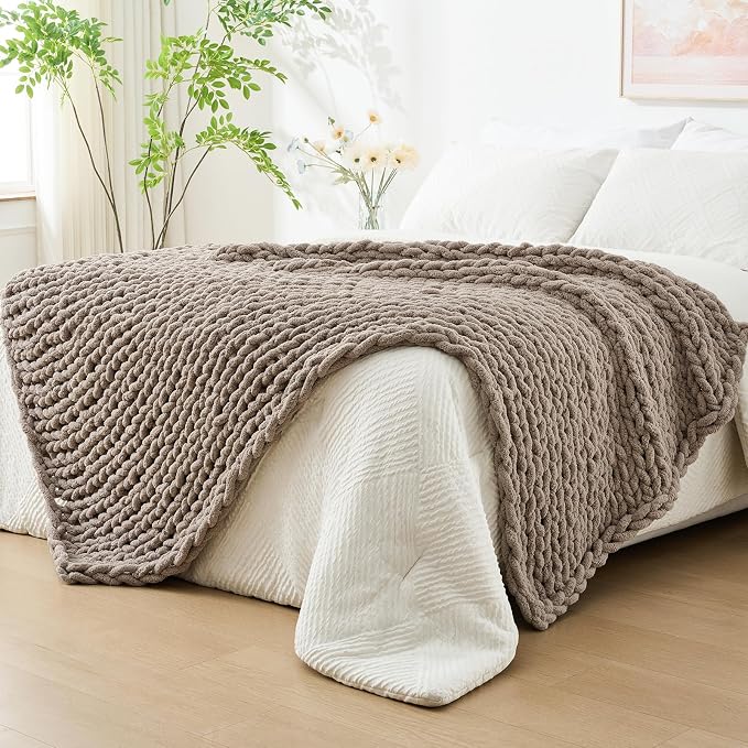 Bigacogo Chunky Knit Throw Blanket for Couch, 51x63 inches, Taupe | Hand Knit with Jumbo Chenille, Soft Breathable Cable Knit for Sofa Bed Living Room, Machine Washable, Gift for Mom Friend