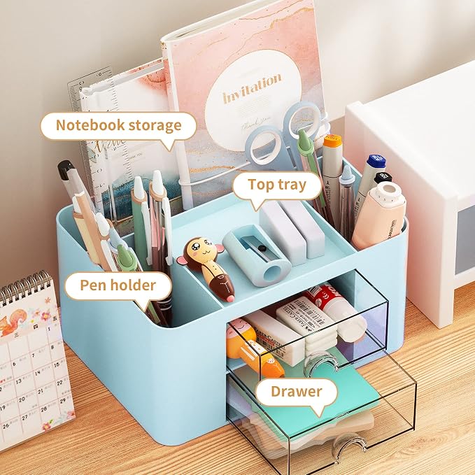 Marbrasse Pen Organizer with 2 Drawer, Multi-Functional Pencil Holder for Desk, Desk Organizers and Accessories with 5 Compartments + Drawer for Office Art Supplies (Blue)