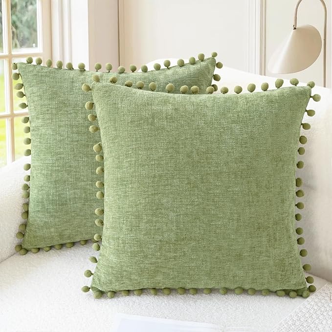 CaliTime Decorative Couch Throw Pillow Covers 20 X 20 Inches Sage | Pack of 2, Cozy Chenille Cushion Cases, with Pom Poms for Sofa Bed Living Room Farmhouse Home