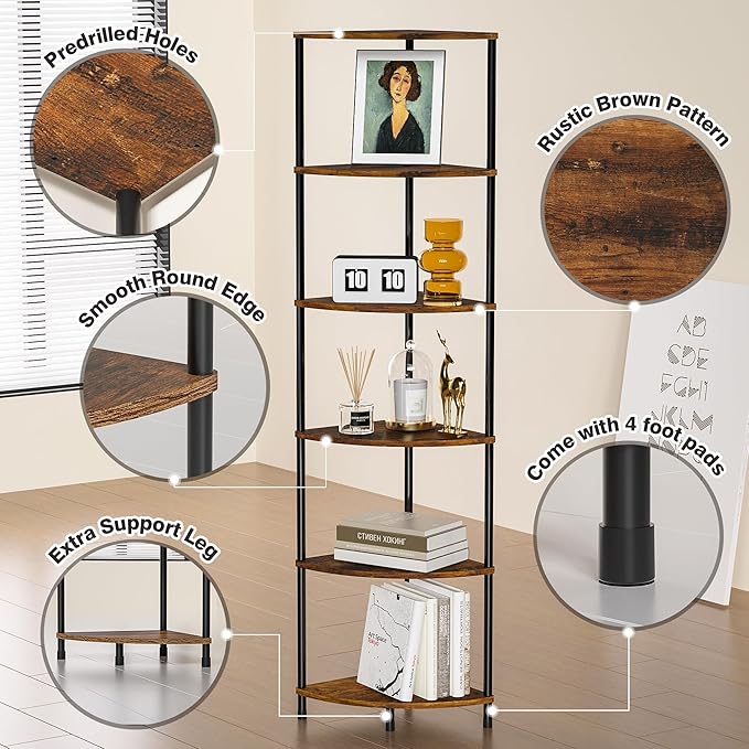 Corner Plant Stand Shelf, 6 Tier Tall Shelf for Indoor Plants, Rustic Brown Corner Bookshelf Wall Decor Living Room, 54.4" Display Shelves for Bedroom, Bathroom, Small Space
