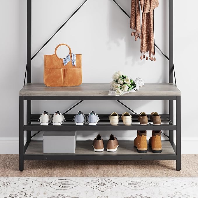 IDEALHOUSE Coat Rack Shoe Bench Industrial Hall Tree Storage Bench for Entryway Wood Look Accent Large Shoe Rack with Storage Shelf Hanging Bar,8 Hooks Grey 39.9"x15.7"x72"