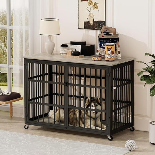 Aoowow Dog Crate Furniture for Small Medium Dogs, 43.3" Dog Kennel Indoor End Table with Side Doors, Iron Heavy Duty Dog Cage with Wheels, Grey