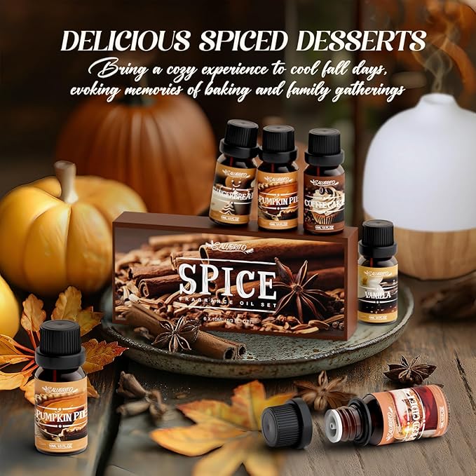 SALUBRITO Spice Fragrance Oils Set, Premium Essential Oils Set for Diffuser, Candle, Soap Making, Warm Fall Scented Oil, Cinnamon, Spiced Cider, Pumpkin Pie, Coffee Cake, Gingerbread, Vanilla