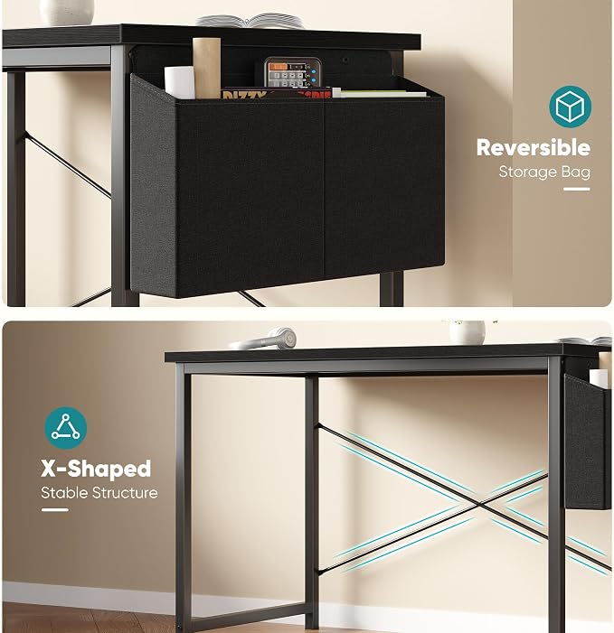 OLIXIS Computer Desk, 47 Inch Gaming Desks for Home Office Small Spaces | Writing Study Craft Work Table, Computer Workstation for Bedroom with Storage Bag, Black