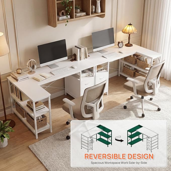Alpen L Shaped Gaming Desk with Power Outlets, 47 Inch Computer Desk with 3 Drawers and Shelves, Corner Desk for Gaming, Study Writing PC Table with Storage and Reversible Shelf, White