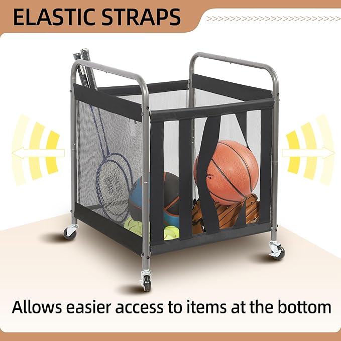 STORAGE MANIAC Ball Storage Bin Rolling Sports Ball Cart, Metal Garage Organizer Sport Rack Basketball Storage Cage for Garage or Gym, Indoor & Outdoor Sports Equipment Organizer