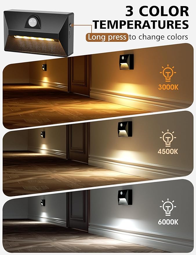 NIORSUN Motion Sensor Night Light, Rechargeable Stair Lights Indoor, 3 Colors and Motion Modes 2000mAh Battery Night Light with Light Sensor for Stairway, Hallway, Bathroom, Kitchen Black 6 Pack