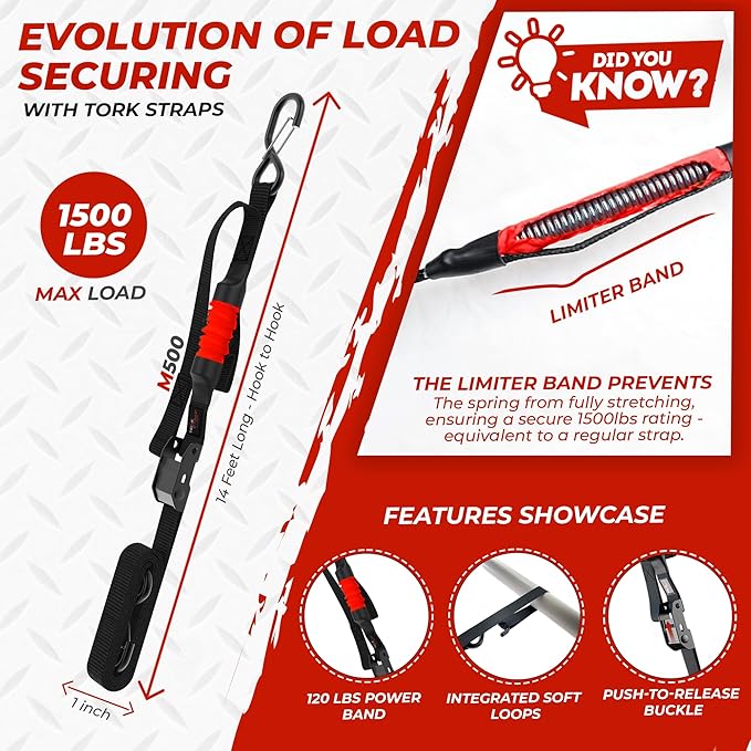 TorkStrap M500 Bundle | 14' x 1'' Spring Loaded Tie Down Straps with 20' Extensions- 1,500LB Max Load - Just Pull Alternative to Ratchet Straps - Integrated Soft Loops (2-Pack)