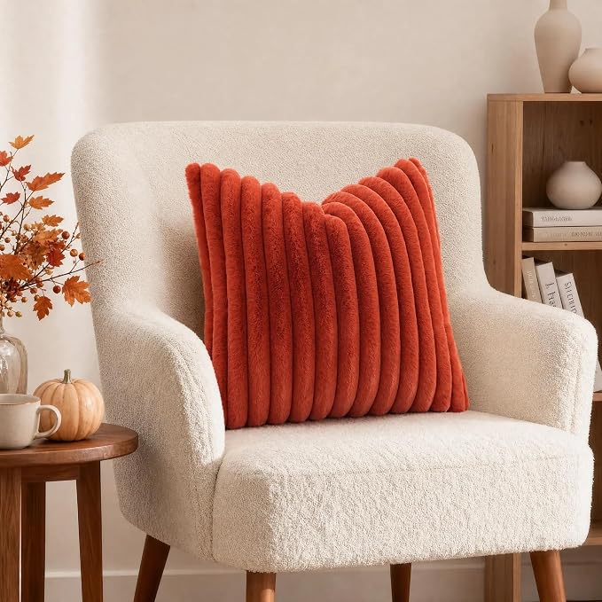 decorUhome Fall Faux Fur Throw Pillow Covers 26x26 Set of 2 Rust | Decorative Soft Cozy Striped Plush Modern Farmhouse Boho Couch Pillow Cases Velvet Back for Sofa Bed Living Room Home Decor