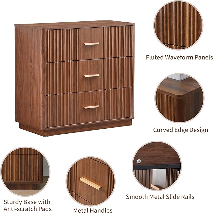 Fluted Dresser for Bedroom with 3 Drawers, 31.5" Wide Modern Chest of Drawers with Metal Handle, Large Storage Dresser, Wood Closet Clothes Storage Organizer for Nursery Living Room, Hallway, Walnut