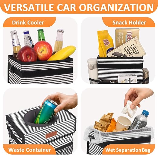 Vankor 3 Gallons Car Trash Can with Lid, Car Trash Bag Bin Hanging Waterproof Automotive Garbage Cans Leak Proof Vehicle Trash Can Stripe