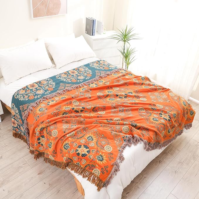 Fall Throw Blanket for Couch Bed Chair,100% Cotton Soft Lightweight Blanket Rustic Quilt -Orange Floral Printed Farmhouse Decor Bed All Season Blankets,60"×80"