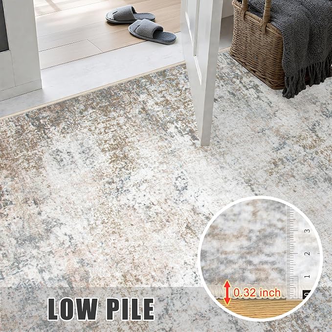 Round Area Rug for Living Room: 4 ft Washable Modern Abstract Soft Thin Rug Indoor Floor No Slip Stain Resistant Carpet for Bedroom Dining Room Farmhouse Nursery Home Office - Brown Grey