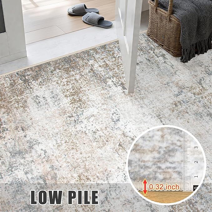 Washable Area Rug 3x10 Entryway Rug: Washable Modern Abstract Soft Thin Rug Indoor Floor No Slip Carpet for Bedroom Dining Room Farmhouse Nursery Home Office - Brown Grey