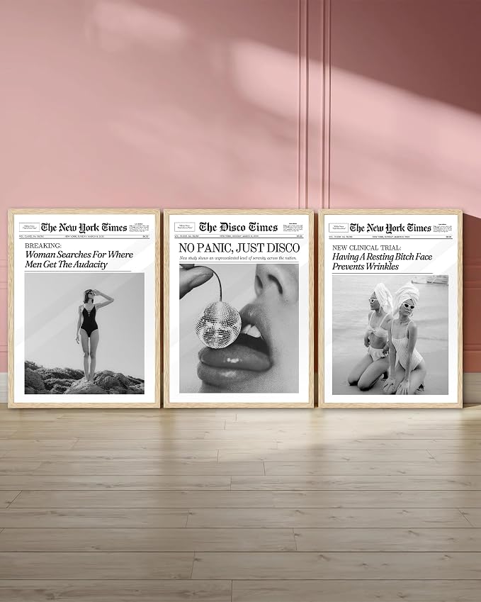 iHery 12x16in Funny Beach Girls Framed Newspaper Wall Art | Natural OAK Wood Frame with Canvas Print, Retro Magazine Decor for Bathroom, Bedroom, Girl Dorm, Living Room 1Pack