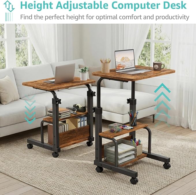 WINAZ C Shaped Rolling Laptop Desk - 24" Rustic Brown Mobile Desk with Wheels for Small Spaces, Height Adjustable Overbed Table with 2-Tier Storage Shelves