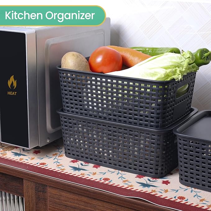 Plastic Storage Baskets with Lid-Plastic Storage Containers Stackable Storage bins: Storage Baskets for Organizing Shelves Drawers Desktop Closet Playroom Classroom Office, 8Pack-Black10.2x7.2x4.1Inch