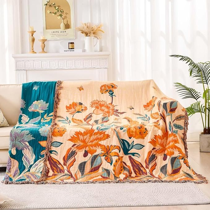 XIBLC Boho Throw Blanket for Bed, 100% Cotton Soft Rustic Quilt Fall Blanket, 60"x80" Floral Printed Farmhouse Decor Bed Blankets, All Season Rustic Reversible Bohemian Throw Quilt