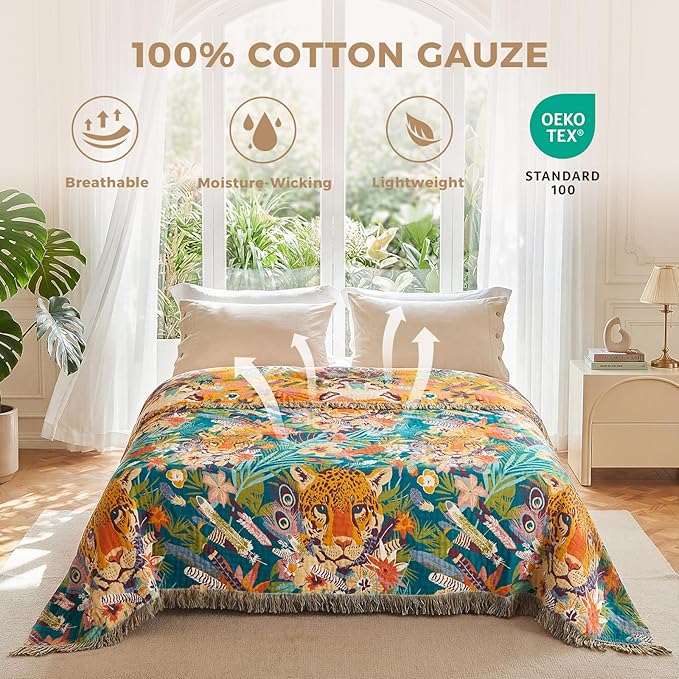 LUTBM Boho Throw Blanket for Bed 60"x80", All Season Cotton Couch Blankets | Reversible Leopard Jacquard, Gauze Twin Quilt, For Chair Sofa Living Room, Lightweight & Breathable, Whimsical Home Decor