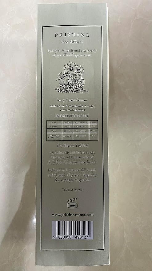 PRISTINE Ivory Coast Cotton/Inspired by Hyatt Hotel Scent Reed Diffuser for Home | Fresh Clean Sheet/Light Chamomile Reed Diffusers, Oil & Room Diffusers with Reed | Home Fragrance Scent Diffuser