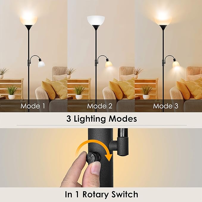 Floor Lamp, Standing Lamp, Torchiere Floor Lamp with Adjustable Reading Lamp, 71" Tall Pole Lamps, 3 Way Switch, Plastic Lampshade, Corner Floor Lamps for Living Room, Bedroom(E26 Base, No Bulb)-Black
