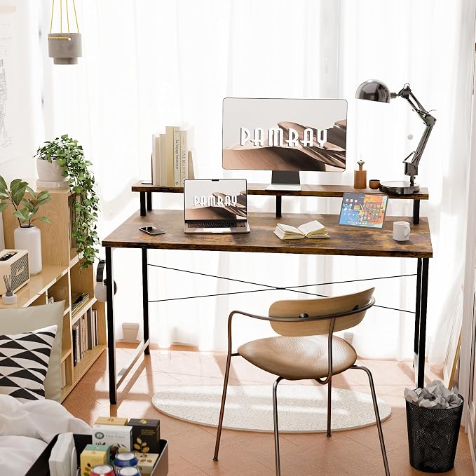 Pamray 47 Inch Small Computer Desk with Monitor Stand, Simple Office Desk with Headphone Hook for Small Spaces, Kids Study Writing Table for Bedroom, Vintage