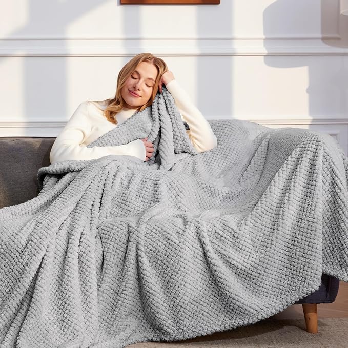 Whale Flotilla Soft Fleece Twin Size Bed Blanket, Light Grey | 60x80 Inch, Suitable for Bed, Fluffy Fuzzy Jacquard Blankets for All Season, Lightweight and Cozy