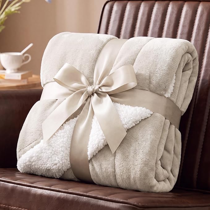 Bedsure GentleSoft Sherpa Fleece Throw Blanket for Couch, Non-Heated, Thick and Warm Throw for Women and Men, Soft Fuzzy Plush Blanket for Winter, Beige, 50x60 Inches