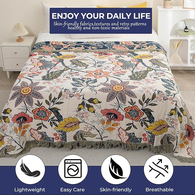 Boho Cotton Throw Blanket - Ultra-Soft Rustic Quilt for Bed, Home Decor & Travel - Large 60"x80" Muslin Blanket - All-Season Lightweight Bedspread & Throw for Women & Moms