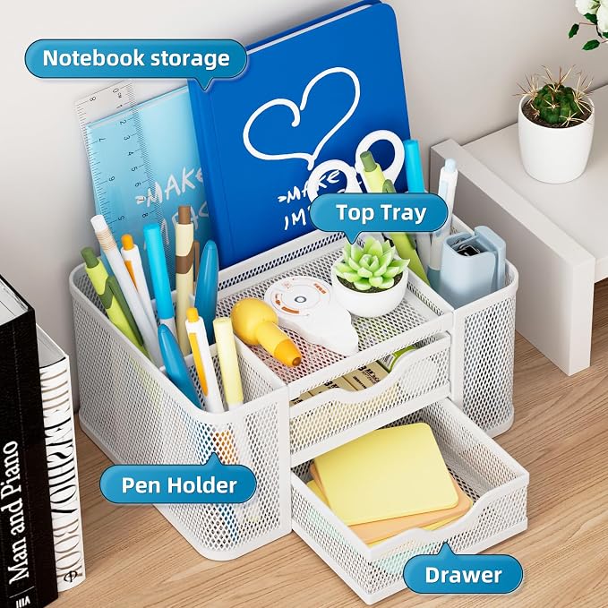 Marbrasse Mesh Desk Organizer, Pen Organizer with 2 Drawer, Multi-Functional Pencil Holder, Desk Organizers and Accessories with 5 Compartments + Drawer for Office Art Supplies (White)