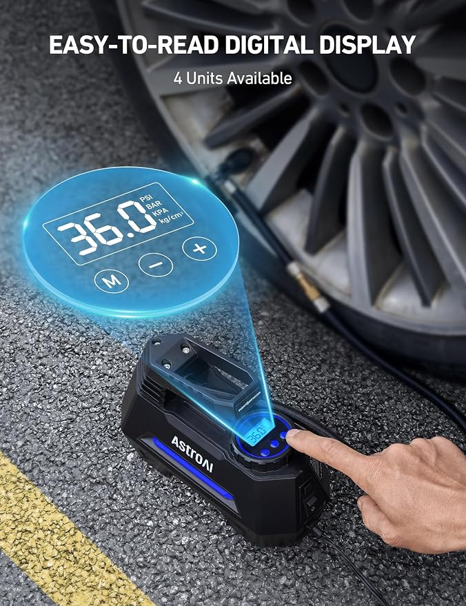 AstroAI AIRUN H Tire Inflator Portable Air Compressor,Fast Inflation Electric Air Pump for Car Tires-Car Accessories,9.8Ft Cord-12VDC-Powered Auto Shut-Off with Digital Pressure Gauge,LED Light,Blue