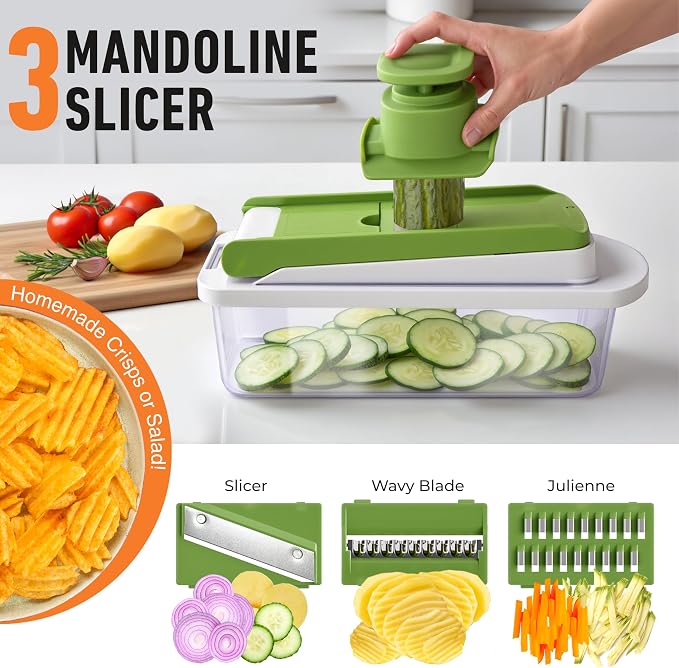 MUELLER HOME Pro-Series 10-in-1 Vegetable Chopper, 8 Blade Onion Mincer | Cutter, Dicer, Fruit Slicer with Container, French Fry Cutter Potato Slicer, Home Essentials, Salad Chopper White Sand/Green