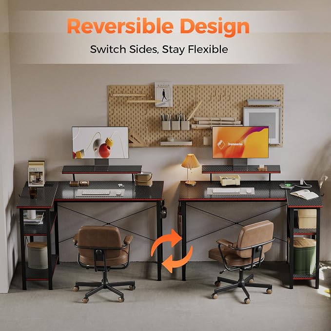 Mericonia 55 in L Shaped Gaming Desk, Large Corner Desk with Monitor Stand | Reversible Computer Desk with Power Outlets, LED Light & Storage Shelves, Office Table for Home Bedroom Study Work Writing